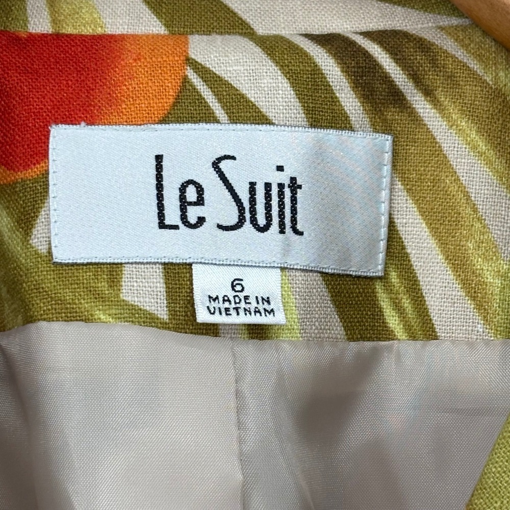 Le Suit Womens 6 Tropical Floral Linen Blend Blazer Orange Green Hibiscus Jacket - Picture 4 of 10